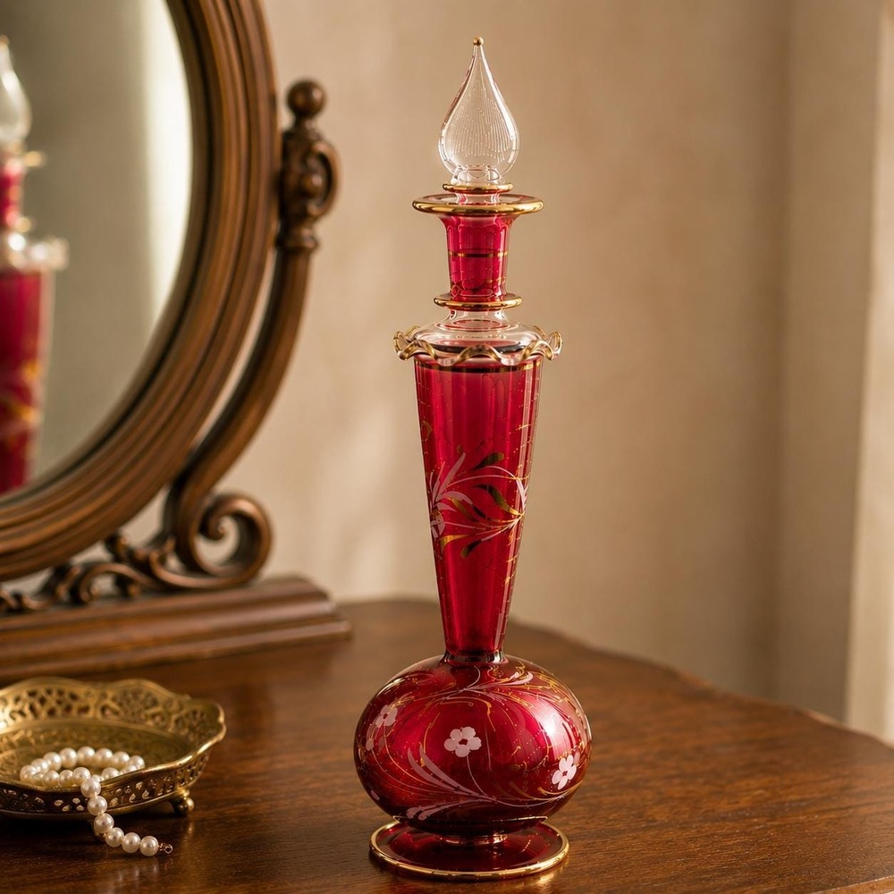 Hand Blown Egyptian Art Glass Perfume Bottle Cranberry Red Gold 12 Inch VTG 90s - Picture 1 of 13